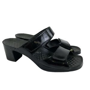Vital Joy Block Heel Sandals Black Patent Leather Mule Strap Adjustable 38 US 7